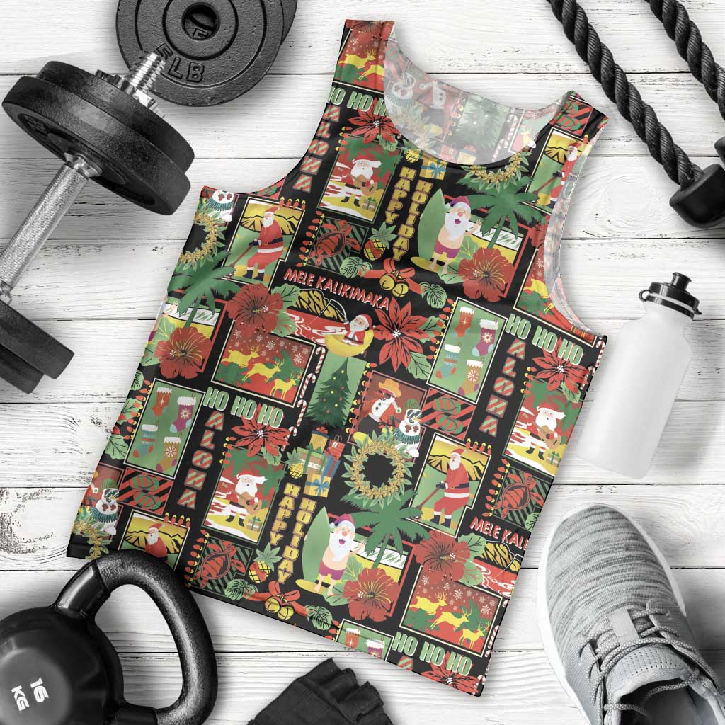 Hawaiian Santa Christmas Pattern Men Tank Top Black Version - Polynesian Pride