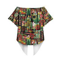 Hawaiian Santa Christmas Pattern Off Shoulder Wrap Waist Top Black Version LT01 - Polynesian Pride