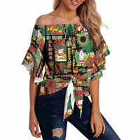 Hawaiian Santa Christmas Pattern Off Shoulder Wrap Waist Top Black Version LT01 - Polynesian Pride