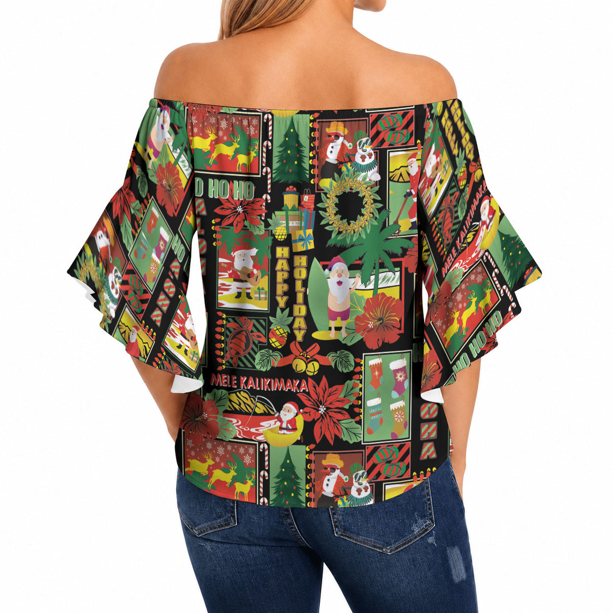 Hawaiian Santa Christmas Pattern Off Shoulder Wrap Waist Top Black Version LT01 - Polynesian Pride