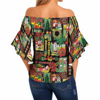 Hawaiian Santa Christmas Pattern Off Shoulder Wrap Waist Top Black Version LT01 - Polynesian Pride