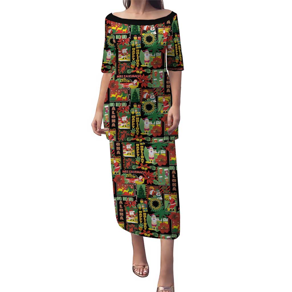 Hawaiian Santa Christmas Pattern Puletasi Black Version - Polynesian Pride