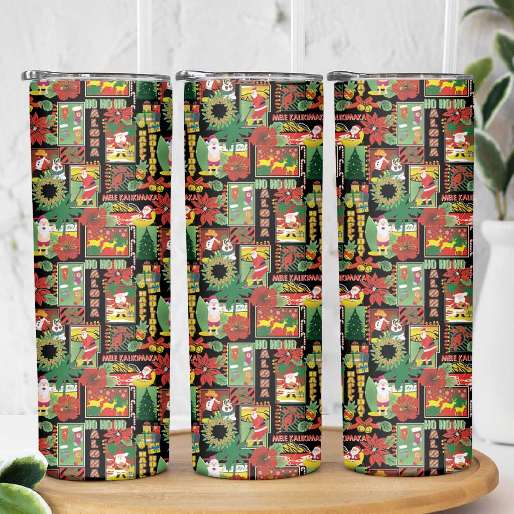 Hawaiian Santa Christmas Pattern Skinny Tumbler Black Version - Polynesian Pride