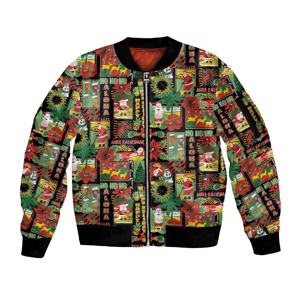 Hawaiian Santa Christmas Pattern Sleeve Zip Bomber Jacket Black Version LT01 Unisex Red - Polynesian Pride