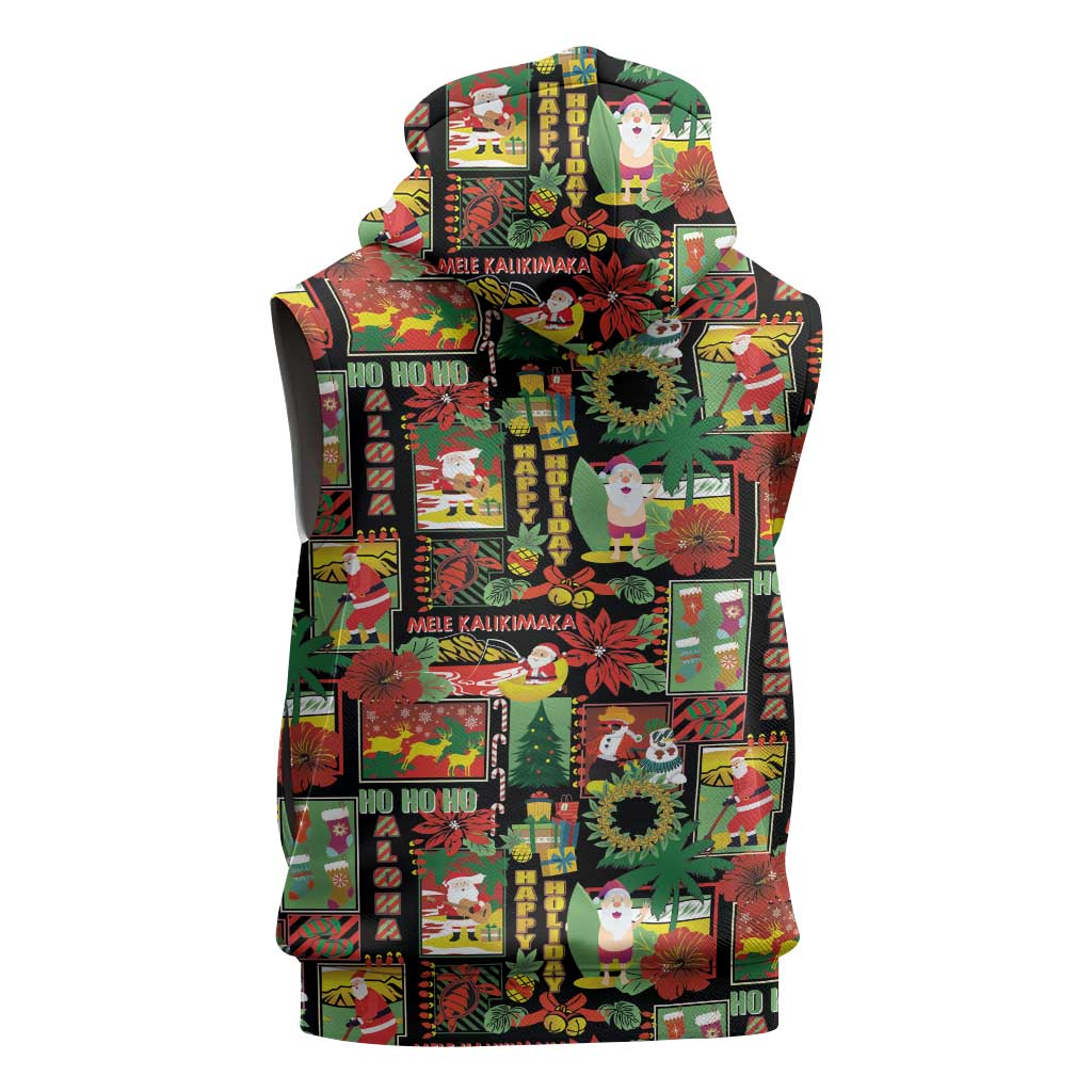 Hawaiian Santa Christmas Pattern Sleeveless Hoodie Black Version - Polynesian Pride