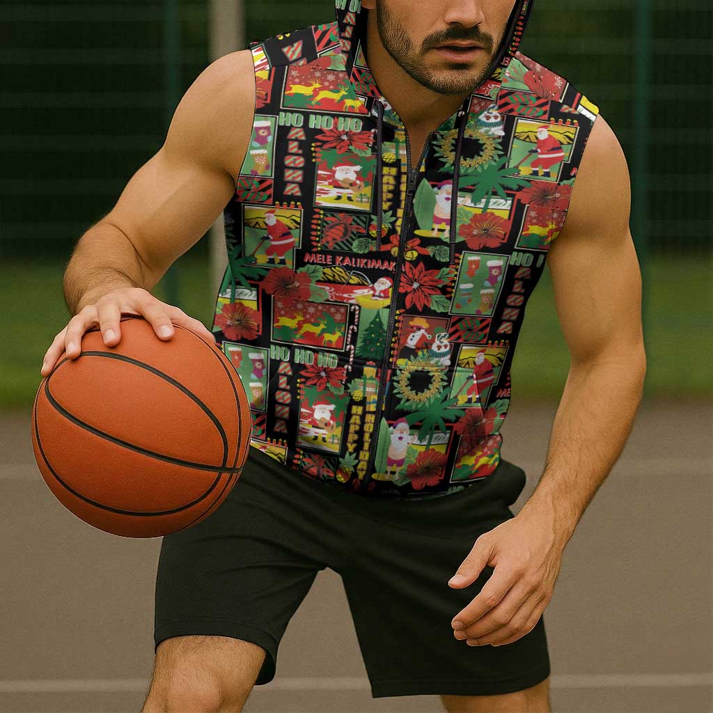 Hawaiian Santa Christmas Pattern Sleeveless Zip Hoodie Black Version - Polynesian Pride