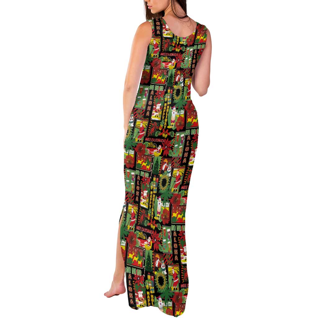 Hawaiian Santa Christmas Pattern Tank Maxi Dress Black Version - Polynesian Pride