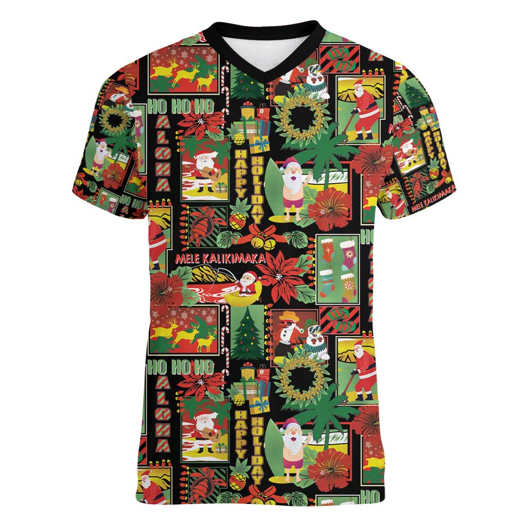 Hawaiian Santa Christmas Pattern Women V-Neck T-Shirt Black Version - Polynesian Pride