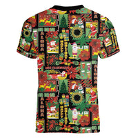 Hawaiian Santa Christmas Pattern Women V-Neck T-Shirt Black Version - Polynesian Pride