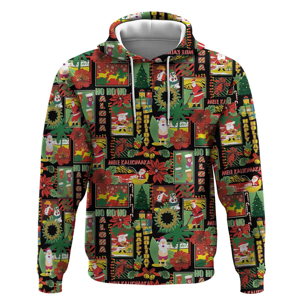 Hawaiian Santa Christmas Pattern Zip Hoodie Black Version - Polynesian Pride