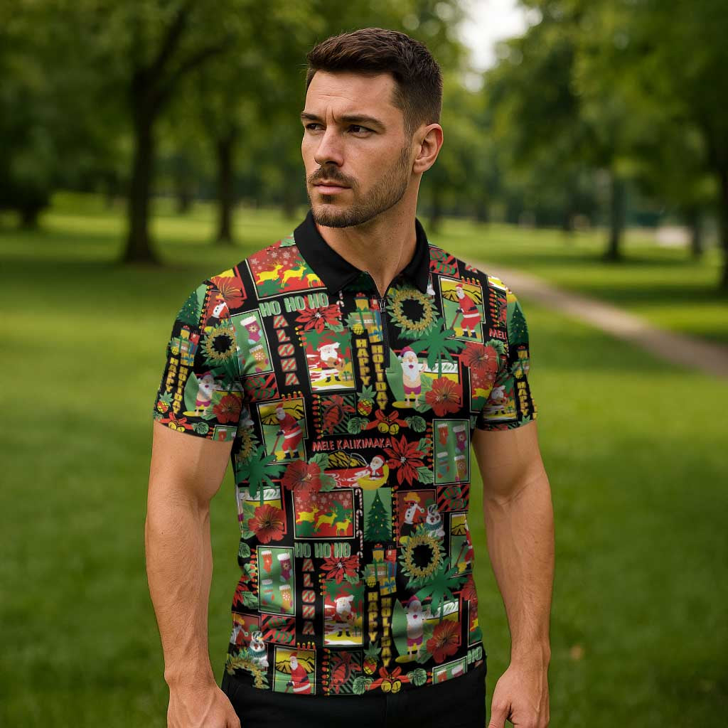 Hawaiian Santa Christmas Pattern Zipper Polo Shirt Black Version - Polynesian Pride