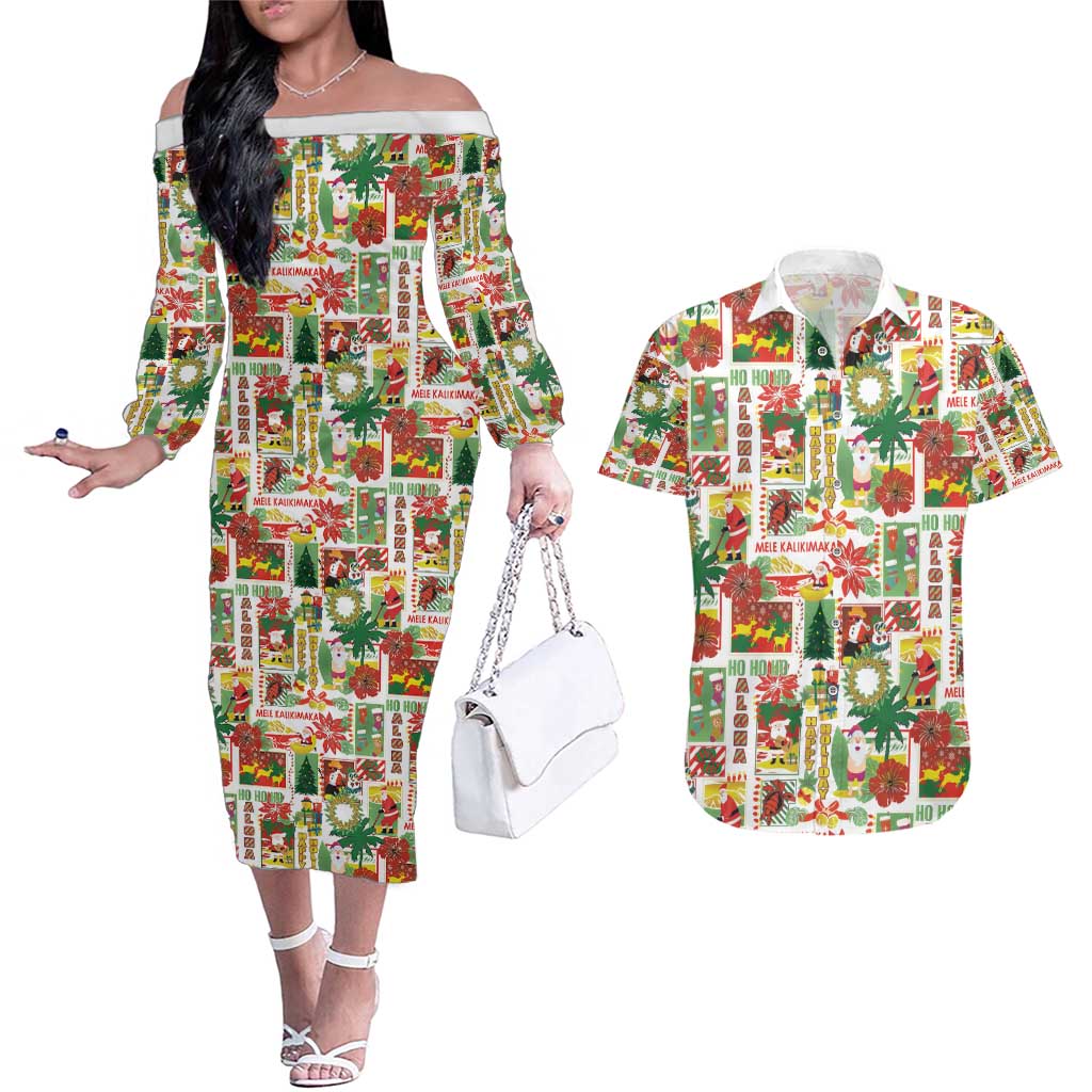 Hawaiian Santa Christmas Pattern Couples Matching Off The Shoulder Long Sleeve Dress and Hawaiian Shirt White Version - Polynesian Pride