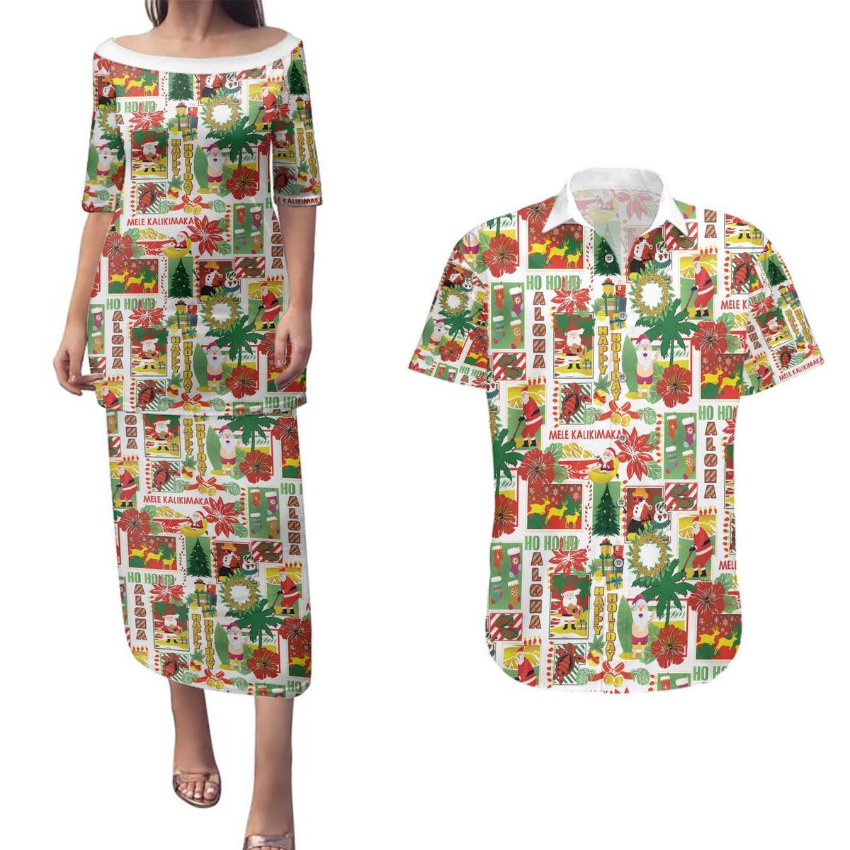 Hawaiian Santa Christmas Pattern Couples Matching Puletasi and Hawaiian Shirt White Version - Polynesian Pride