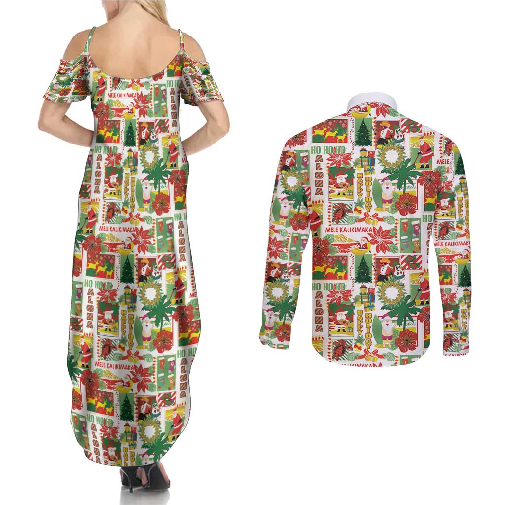 Hawaiian Santa Christmas Pattern Couples Matching Summer Maxi Dress and Long Sleeve Button Shirt White Version - Polynesian Pride