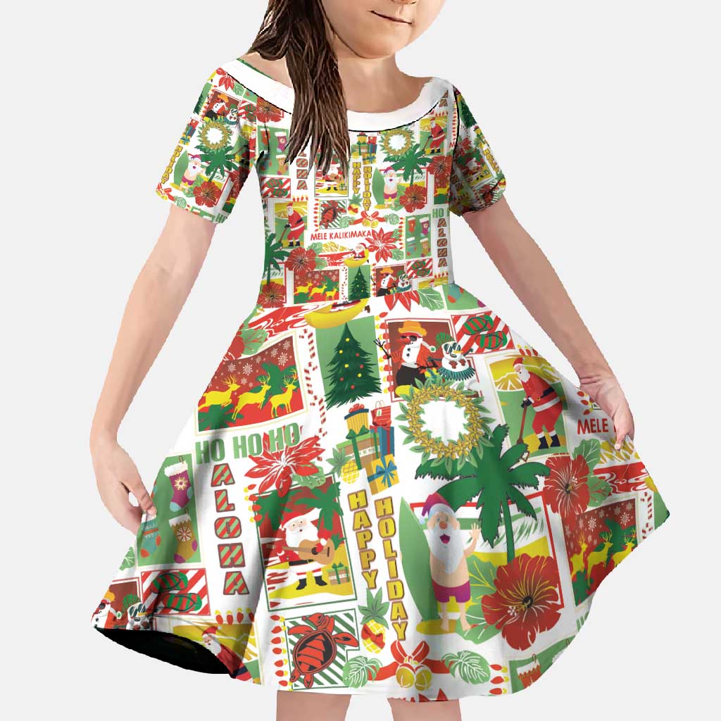 Hawaiian Santa Christmas Pattern Family Matching Long Sleeve Bodycon Dress and Hawaiian Shirt White Version LT01 Daughter's Dress Red - Polynesian Pride