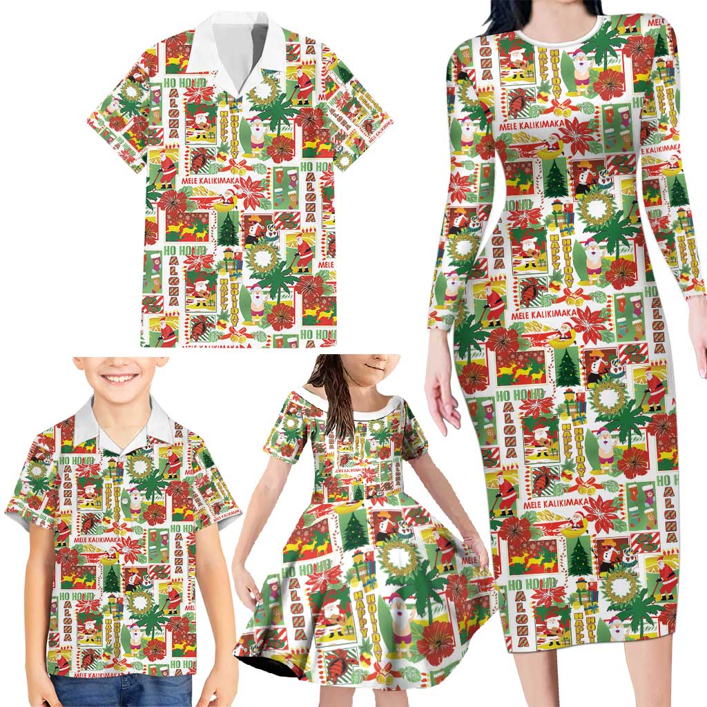 Hawaiian Santa Christmas Pattern Family Matching Long Sleeve Bodycon Dress and Hawaiian Shirt White Version LT01 - Polynesian Pride