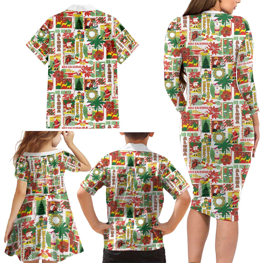 Hawaiian Santa Christmas Pattern Family Matching Long Sleeve Bodycon Dress and Hawaiian Shirt White Version LT01 - Polynesian Pride