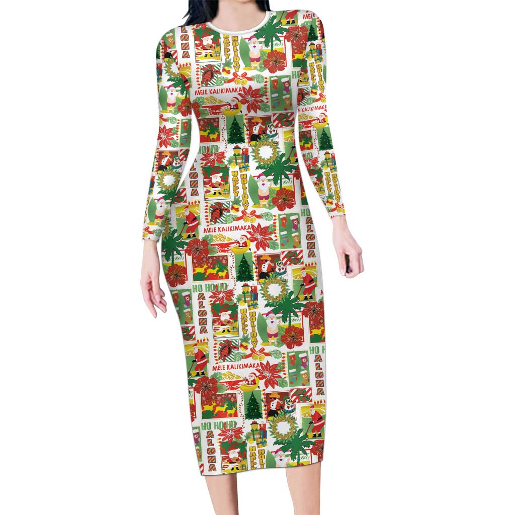 Hawaiian Santa Christmas Pattern Family Matching Long Sleeve Bodycon Dress and Hawaiian Shirt White Version LT01 Mom's Dress Red - Polynesian Pride