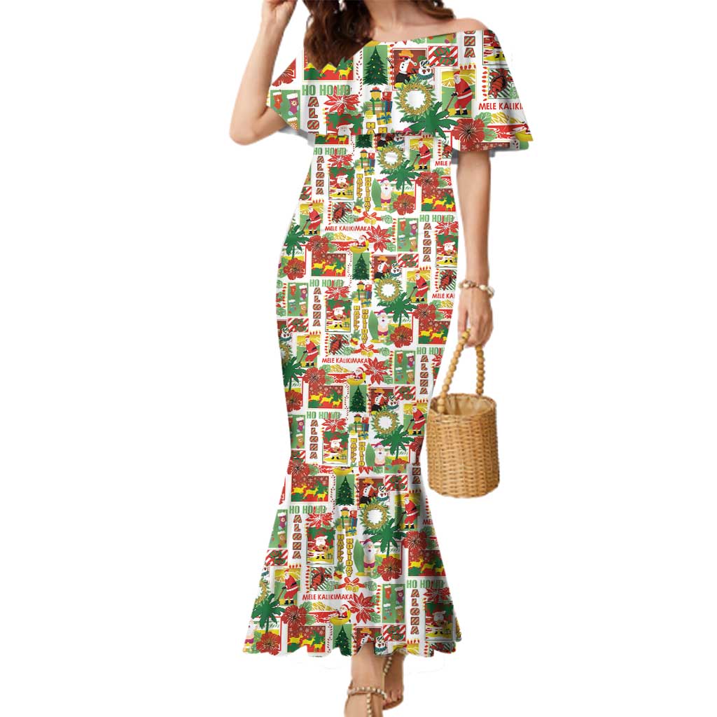 Hawaiian Santa Christmas Pattern Family Matching Mermaid Dress and Hawaiian Shirt White Version LT01 Mom's Dress Red - Polynesian Pride