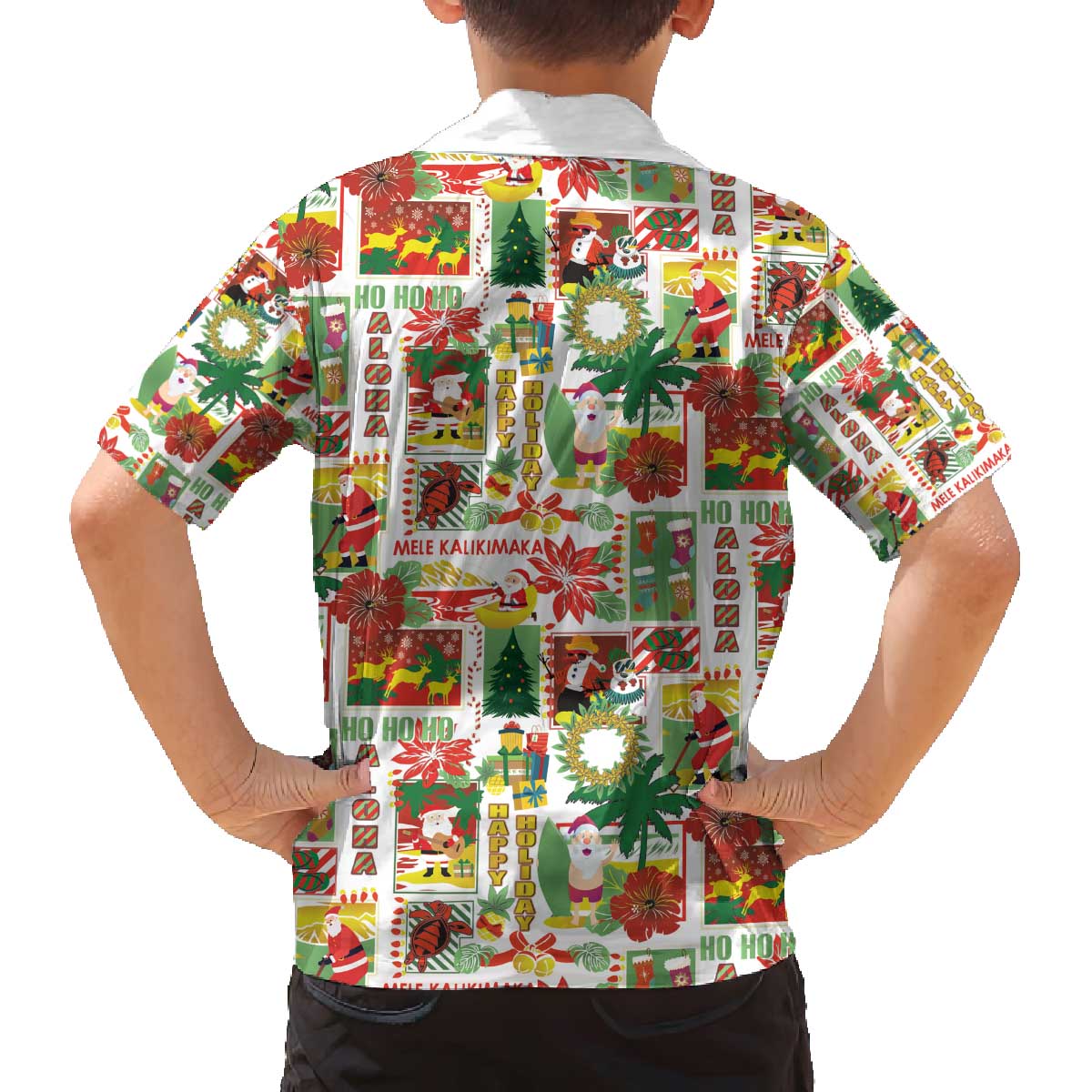 Hawaiian Santa Christmas Pattern Family Matching Off The Shoulder Long Sleeve Dress and Hawaiian Shirt White Version LT01 - Polynesian Pride