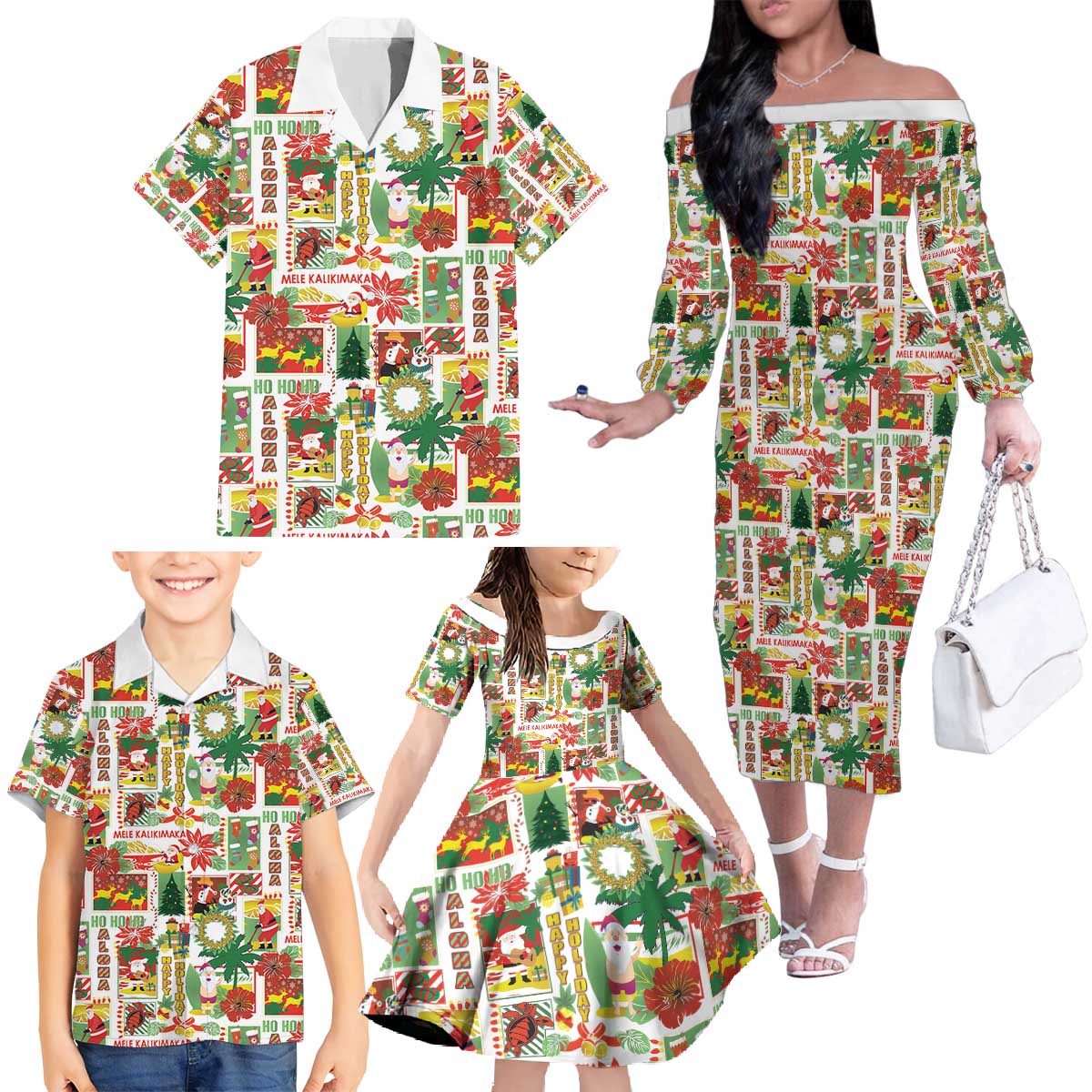 Hawaiian Santa Christmas Pattern Family Matching Off The Shoulder Long Sleeve Dress and Hawaiian Shirt White Version LT01 - Polynesian Pride