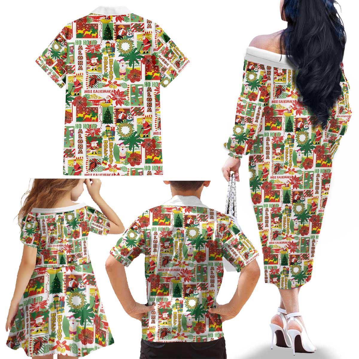 Hawaiian Santa Christmas Pattern Family Matching Off The Shoulder Long Sleeve Dress and Hawaiian Shirt White Version LT01 - Polynesian Pride
