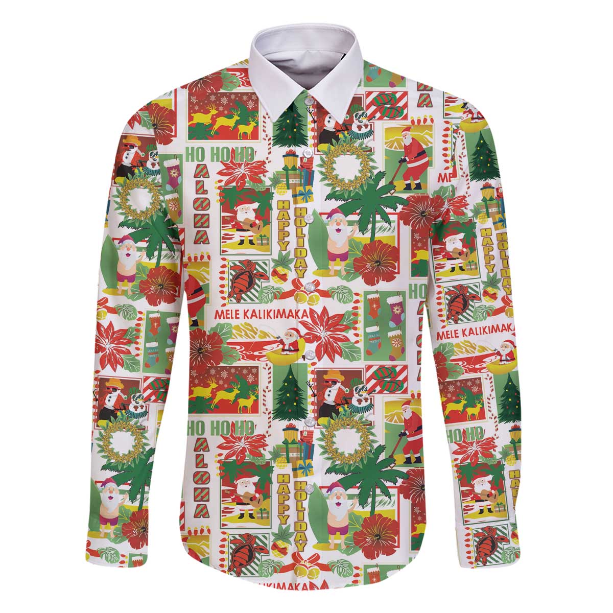 Hawaiian Santa Christmas Pattern Family Matching Off The Shoulder Long Sleeve Dress and Hawaiian Shirt White Version LT01 Dad's Shirt - Long Sleeve Red - Polynesian Pride