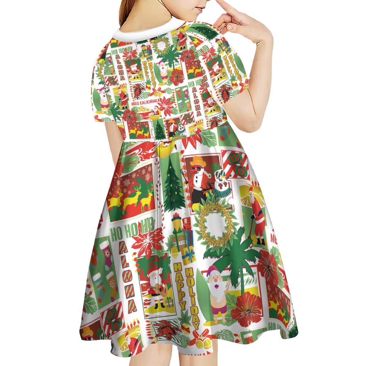 Hawaiian Santa Christmas Pattern Kid Short Sleeve Dress White Version - Polynesian Pride