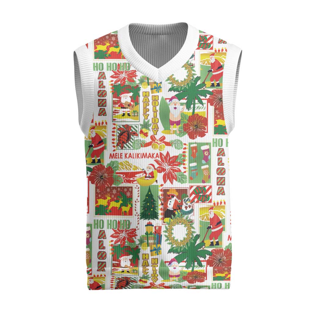 Hawaiian Santa Christmas Pattern Christmas Knitted V-Neck Vest White Version - Polynesian Pride