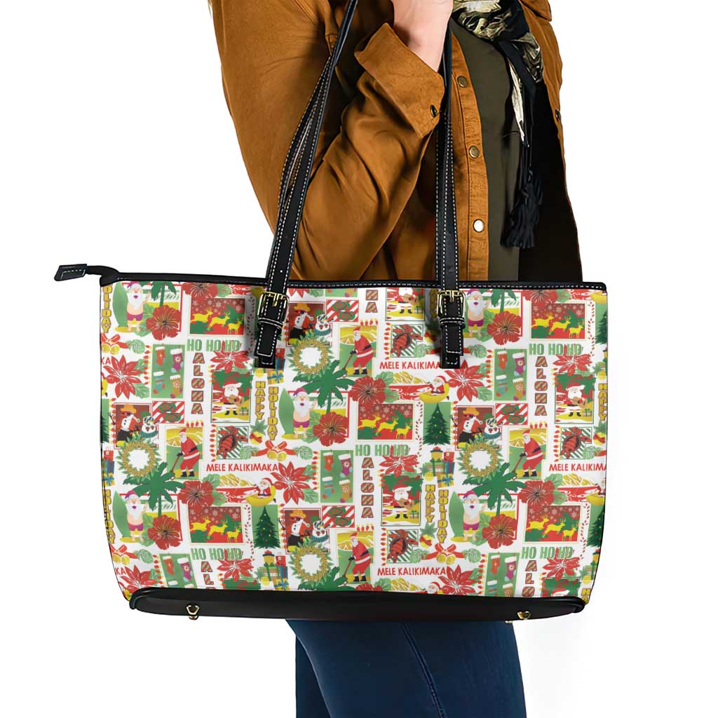 Hawaiian Santa Christmas Pattern Leather Tote Bag White Version - Polynesian Pride