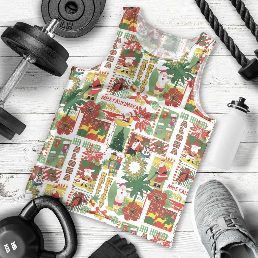 Hawaiian Santa Christmas Pattern Men Tank Top White Version - Polynesian Pride
