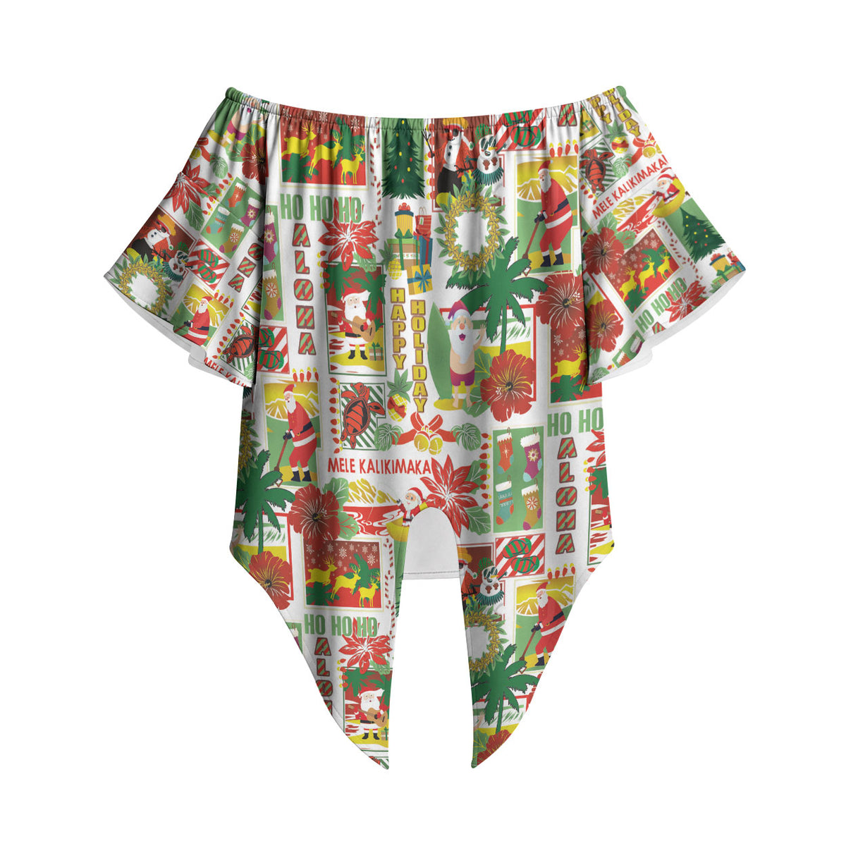 Hawaiian Santa Christmas Pattern Off Shoulder Wrap Waist Top White Version LT01 Red - Polynesian Pride