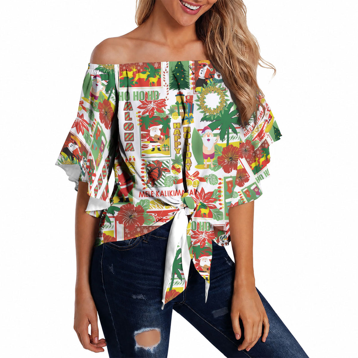 Hawaiian Santa Christmas Pattern Off Shoulder Wrap Waist Top White Version LT01 - Polynesian Pride