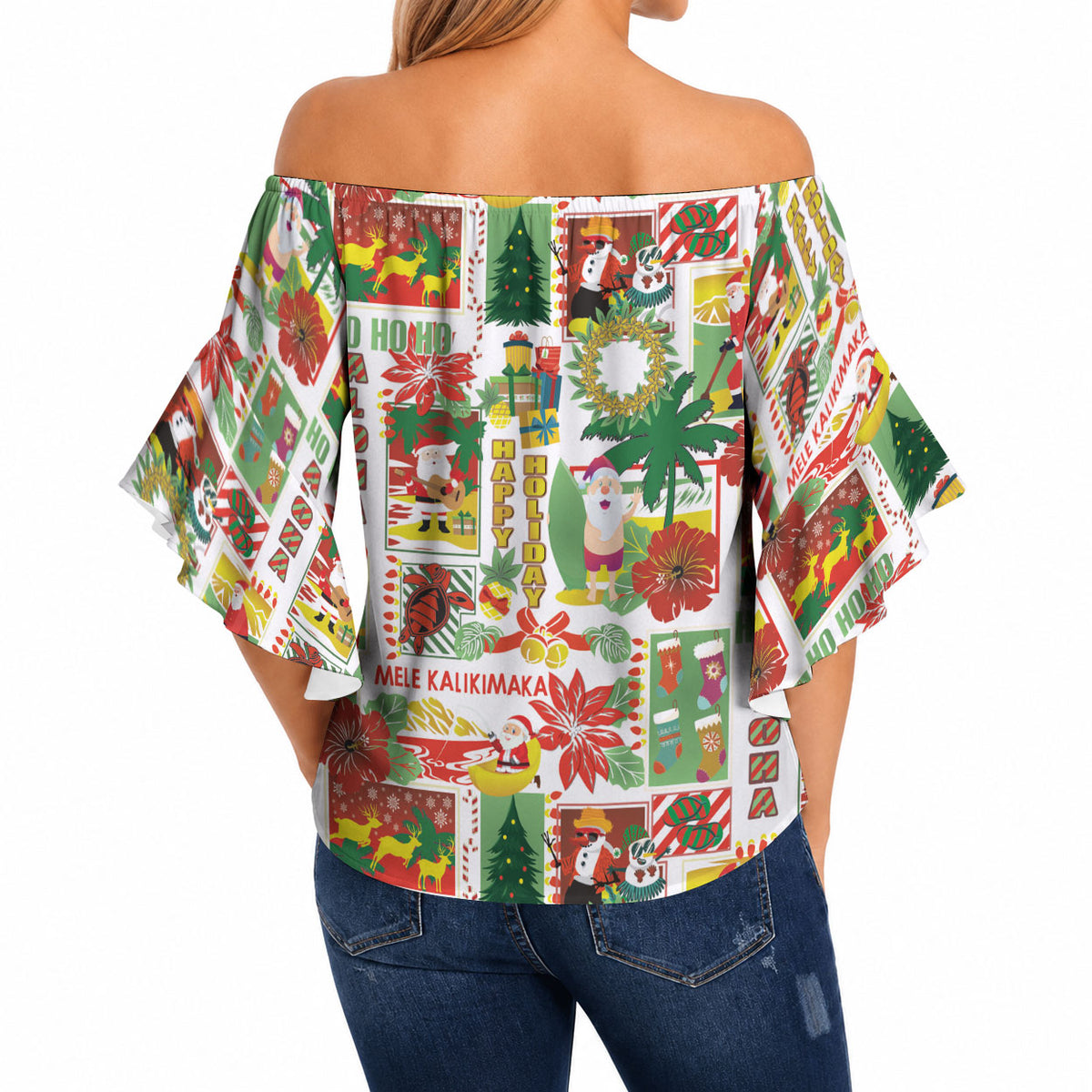 Hawaiian Santa Christmas Pattern Off Shoulder Wrap Waist Top White Version LT01 - Polynesian Pride