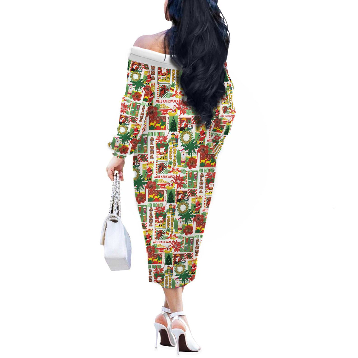 Hawaiian Santa Christmas Pattern Off The Shoulder Long Sleeve Dress White Version LT01 - Polynesian Pride