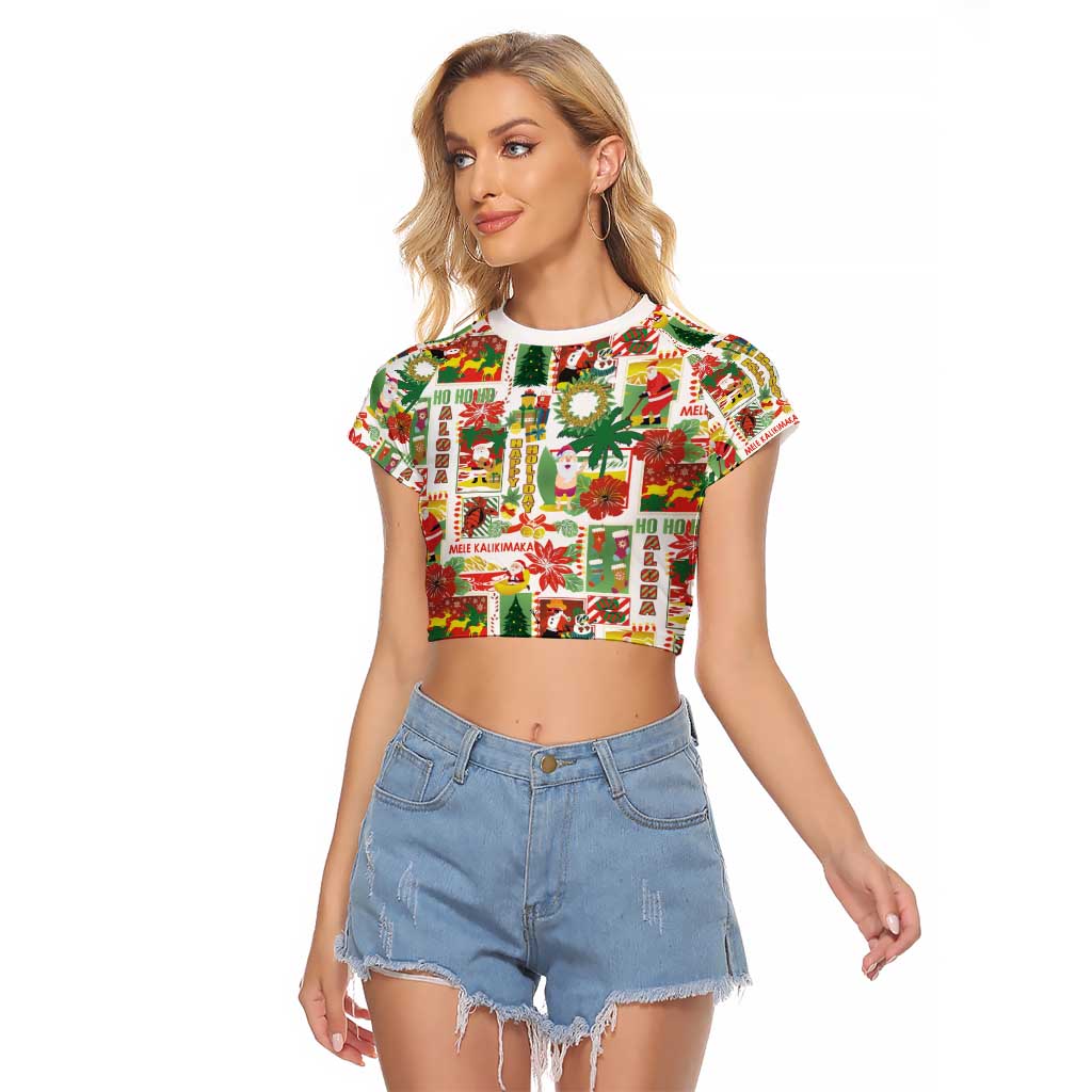 Hawaiian Santa Christmas Pattern Raglan Cropped T Shirt White Version - Polynesian Pride