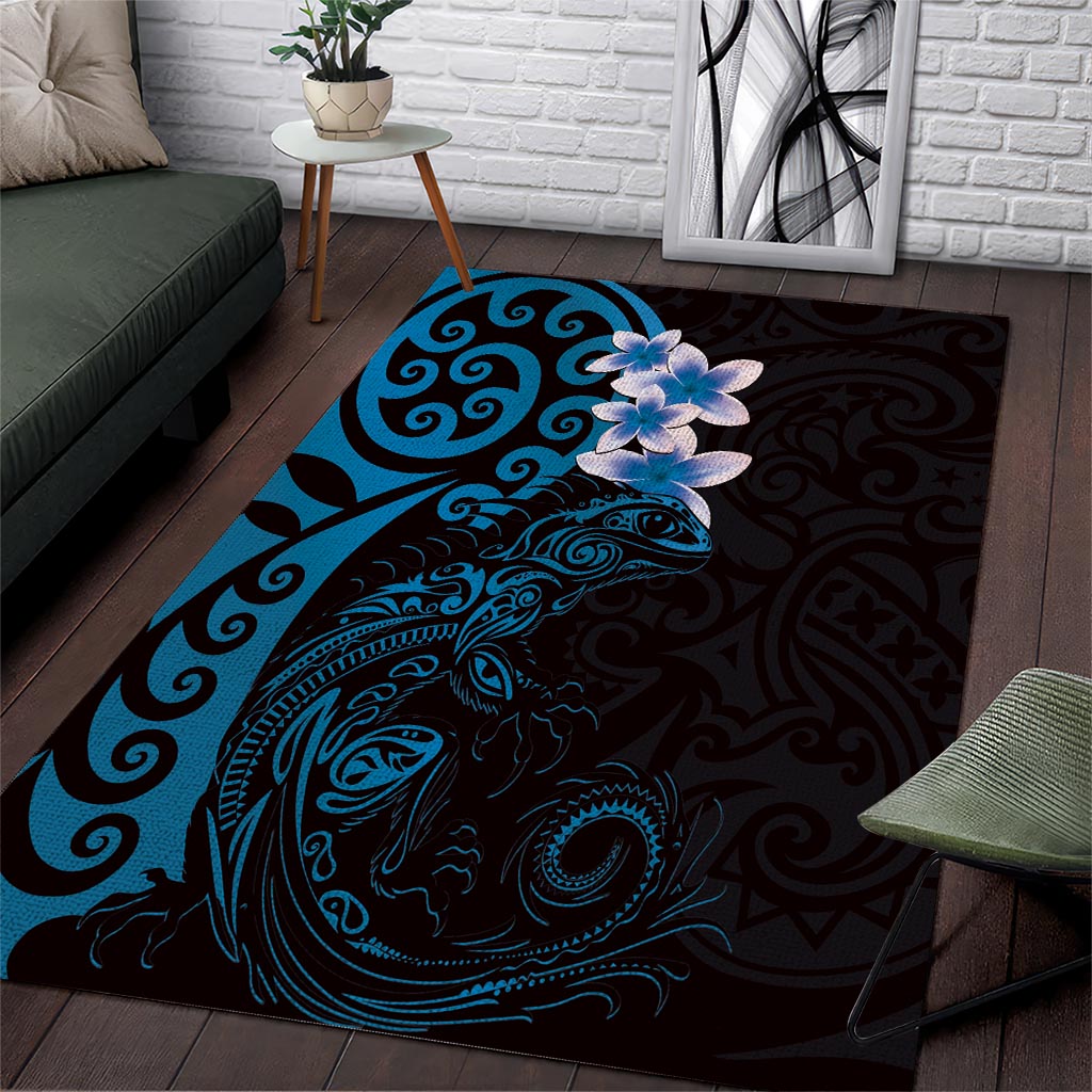 New Zealand Tuatara Plumeria Area Rug Maori Blue Koru Tribal Tattoo LT01 Blue - Polynesian Pride