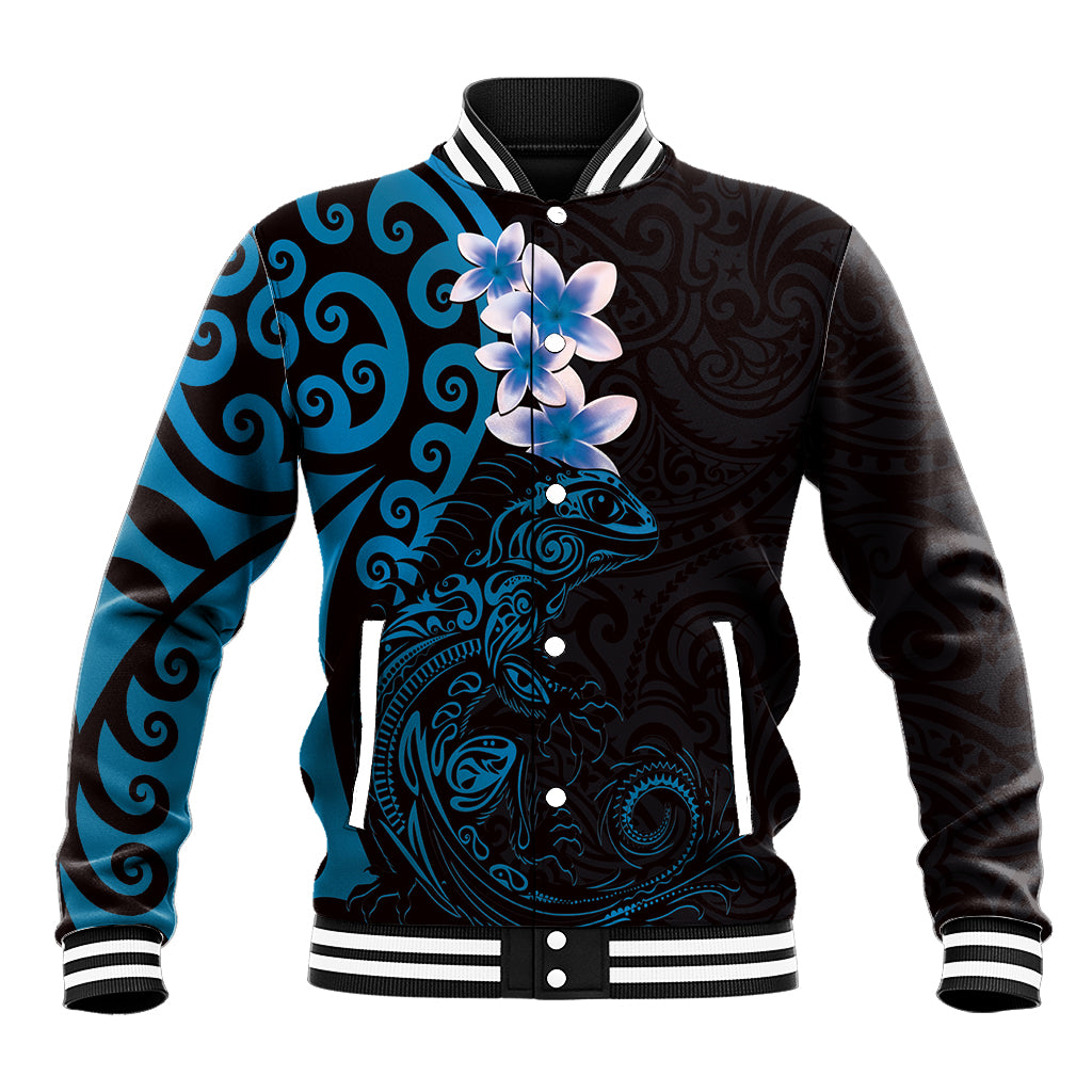 New Zealand Tuatara Plumeria Baseball Jacket Maori Blue Koru Tribal Tattoo LT01 Unisex Blue - Polynesian Pride