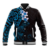 New Zealand Tuatara Plumeria Baseball Jacket Maori Blue Koru Tribal Tattoo LT01 Unisex Blue - Polynesian Pride