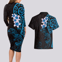 New Zealand Tuatara Plumeria Couples Matching Long Sleeve Bodycon Dress and Hawaiian Shirt Maori Blue Koru Tribal Tattoo LT01 - Polynesian Pride