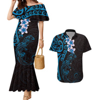 New Zealand Tuatara Plumeria Couples Matching Mermaid Dress and Hawaiian Shirt Maori Blue Koru Tribal Tattoo LT01 Blue - Polynesian Pride