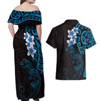 New Zealand Tuatara Plumeria Couples Matching Off Shoulder Maxi Dress and Hawaiian Shirt Maori Blue Koru Tribal Tattoo LT01 - Polynesian Pride