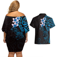 New Zealand Tuatara Plumeria Couples Matching Off Shoulder Short Dress and Hawaiian Shirt Maori Blue Koru Tribal Tattoo LT01 - Polynesian Pride