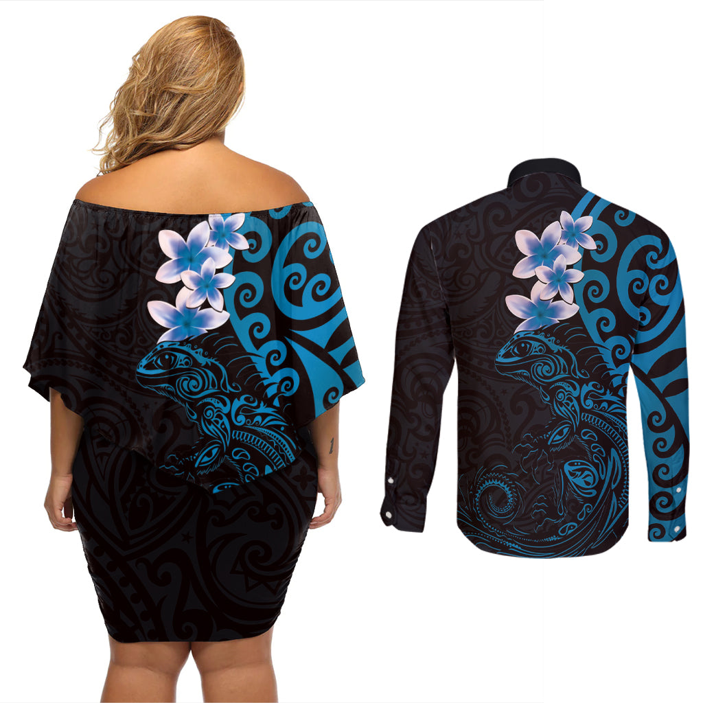 New Zealand Tuatara Plumeria Couples Matching Off Shoulder Short Dress and Long Sleeve Button Shirt Maori Blue Koru Tribal Tattoo LT01 - Polynesian Pride