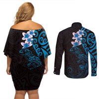 New Zealand Tuatara Plumeria Couples Matching Off Shoulder Short Dress and Long Sleeve Button Shirt Maori Blue Koru Tribal Tattoo LT01 - Polynesian Pride