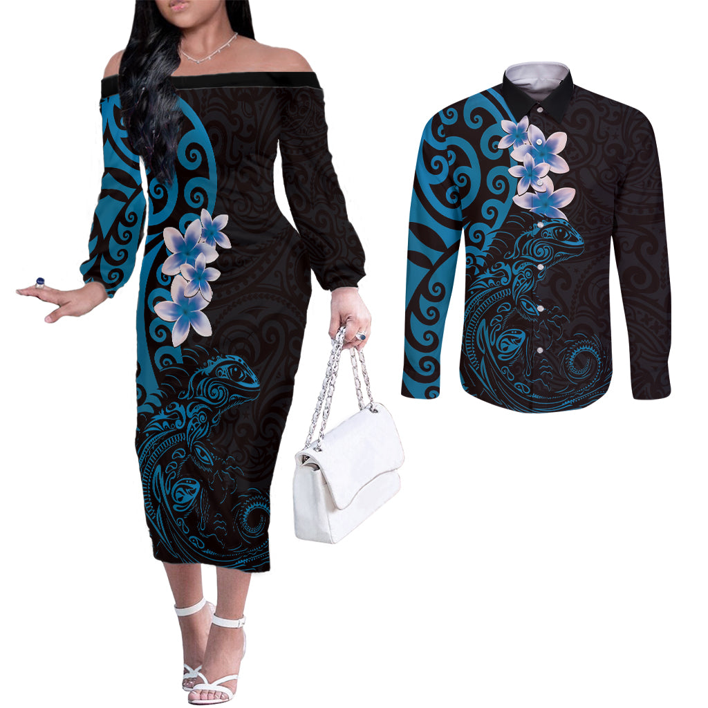 New Zealand Tuatara Plumeria Couples Matching Off The Shoulder Long Sleeve Dress and Long Sleeve Button Shirt Maori Blue Koru Tribal Tattoo LT01 Blue - Polynesian Pride