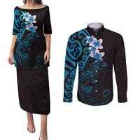 New Zealand Tuatara Plumeria Couples Matching Puletasi and Long Sleeve Button Shirt Maori Blue Koru Tribal Tattoo LT01 Blue - Polynesian Pride