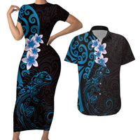 New Zealand Tuatara Plumeria Couples Matching Short Sleeve Bodycon Dress and Hawaiian Shirt Maori Blue Koru Tribal Tattoo LT01 Blue - Polynesian Pride