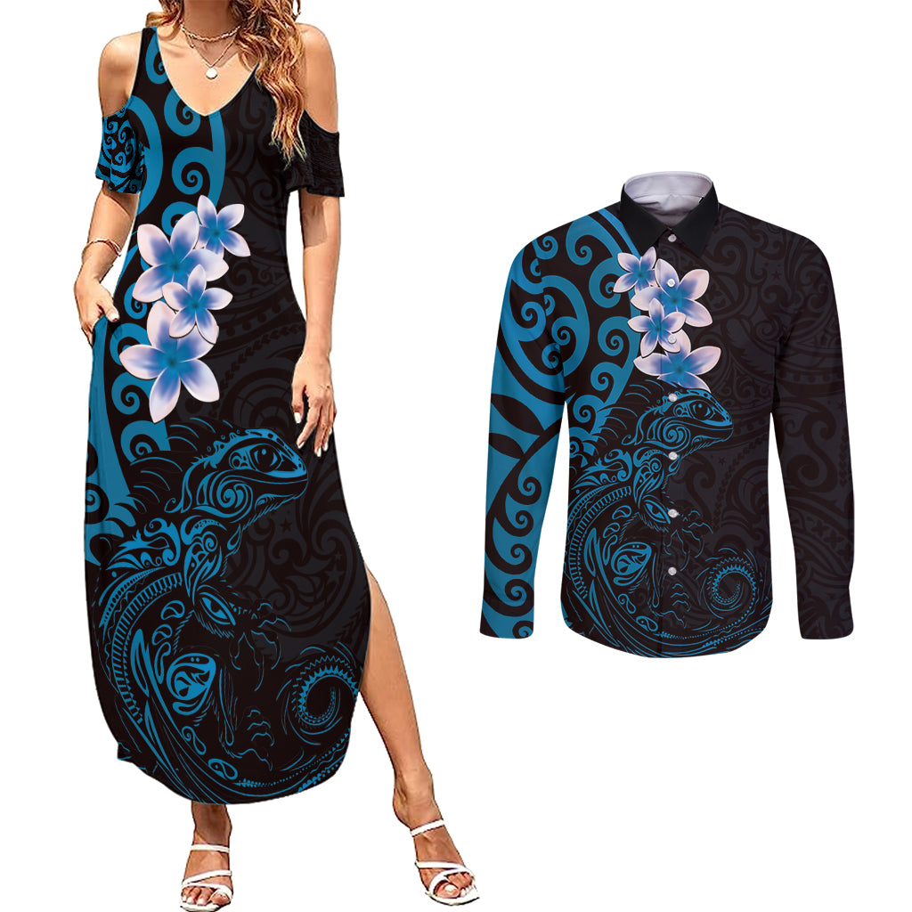 New Zealand Tuatara Plumeria Couples Matching Summer Maxi Dress and Long Sleeve Button Shirt Maori Blue Koru Tribal Tattoo LT01 Blue - Polynesian Pride