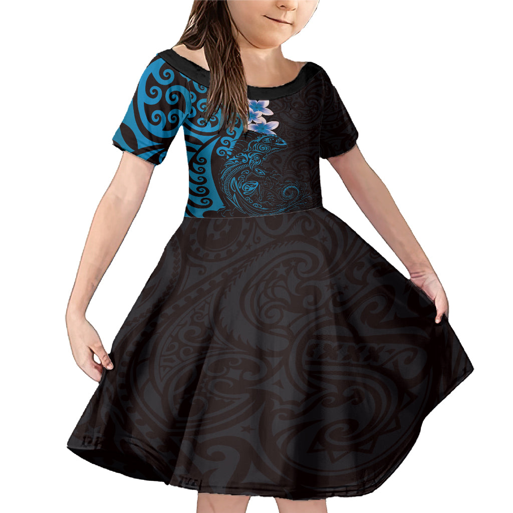 New Zealand Tuatara Plumeria Family Matching Mermaid Dress and Hawaiian Shirt Maori Blue Koru Tribal Tattoo LT01 Daughter's Dress Blue - Polynesian Pride